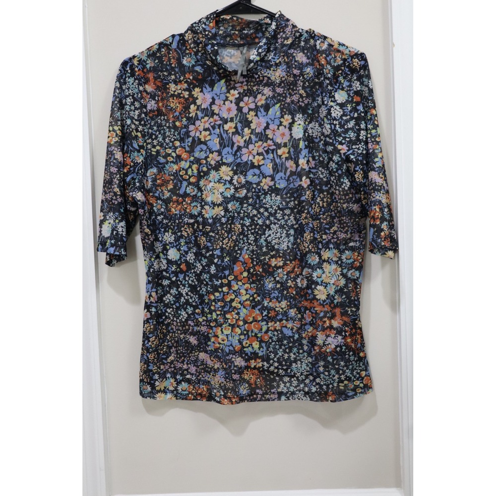 Anthropologie Sheer Mesh Floral Mock Neck Top Elbow Sleeve Multi Color Large